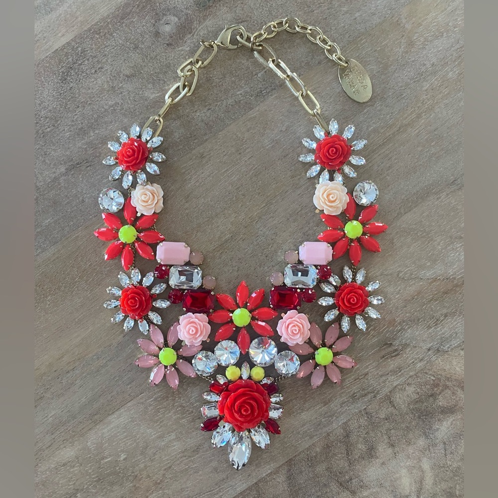 Spanish Designer Teria Yabar Floral Rhinestone Bib Necklace